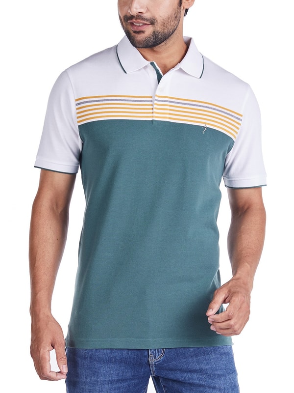 Sea Green Striped Polo Neck T-Shirt